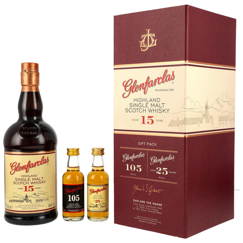 Glenfarclas 15 y.o. + 2 Minis (105 / 25 y.o.) Neue Ausstattung 2026