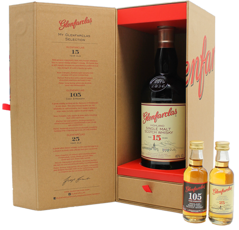 Glenfarclas Tasting Pack 15yo:  Dazu 105 Cask Strength 50ml und 25yo 50ml